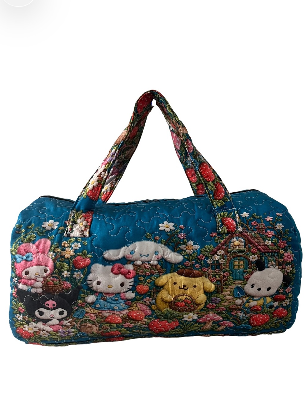 NEW Sanrio Hello Kitty & Friends Large Teal Quilted Garden Duffel Bag Flat Print - Picture 2 of 6